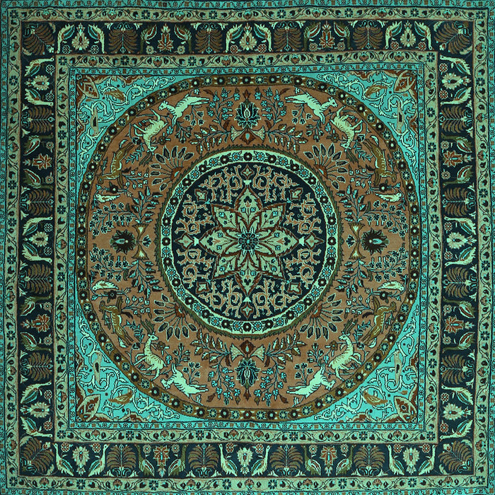 Square Machine Washable Medallion Turquoise Traditional Area Rugs, wshtr1705turq