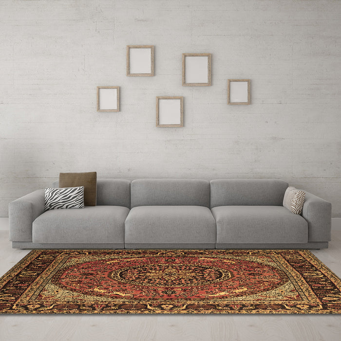 Machine Washable Medallion Brown Traditional Rug in a Living Room,, wshtr1705brn