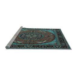 Sideview of Machine Washable Medallion Light Blue Traditional Rug, wshtr1705lblu