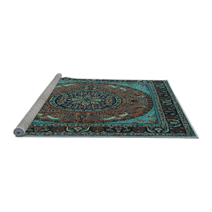 Sideview of Machine Washable Medallion Light Blue Traditional Rug, wshtr1705lblu
