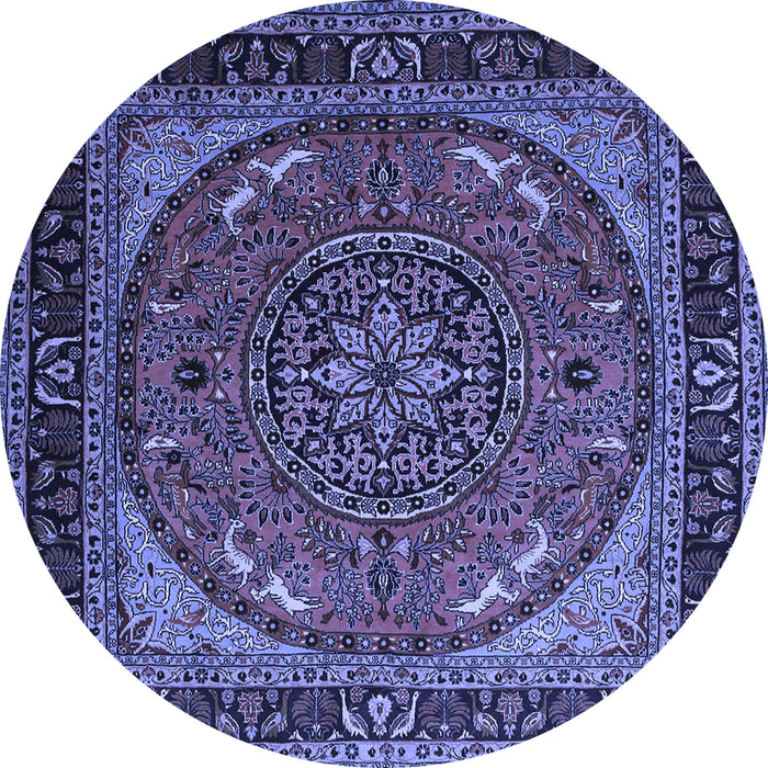 Round Machine Washable Medallion Blue Traditional Rug, wshtr1705blu