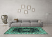 Machine Washable Medallion Turquoise Traditional Area Rugs in a Living Room,, wshtr1706turq