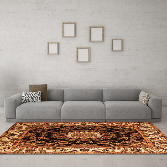 Machine Washable Medallion Orange Traditional Area Rugs in a Living Room, wshtr1706org