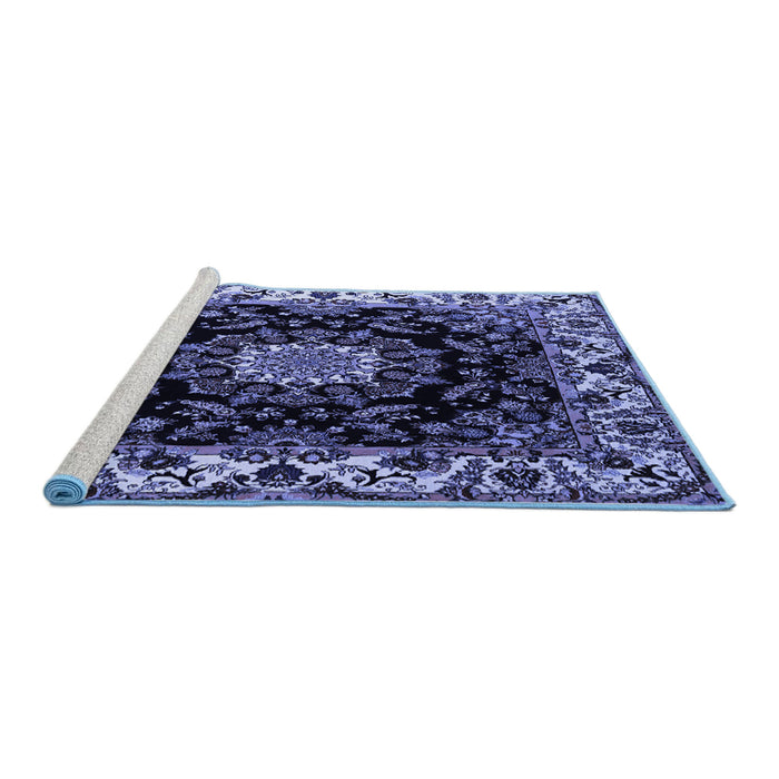 Sideview of Machine Washable Medallion Blue Traditional Rug, wshtr1706blu