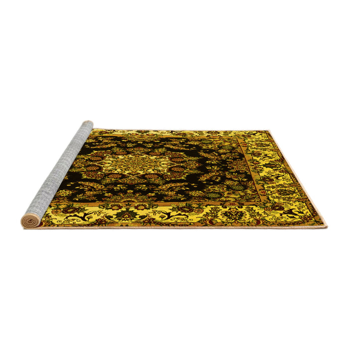 Sideview of Machine Washable Medallion Yellow Traditional Rug, wshtr1706yw