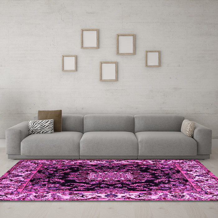 Machine Washable Medallion Pink Traditional Rug in a Living Room, wshtr1706pnk