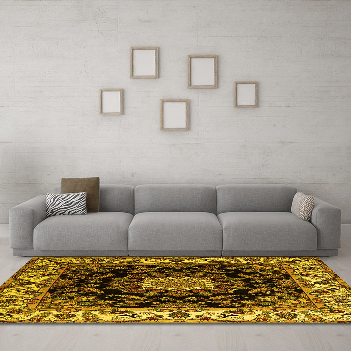 Machine Washable Medallion Yellow Traditional Rug in a Living Room, wshtr1706yw
