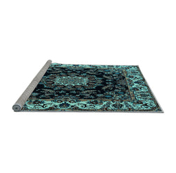 Sideview of Machine Washable Medallion Light Blue Traditional Rug, wshtr1706lblu