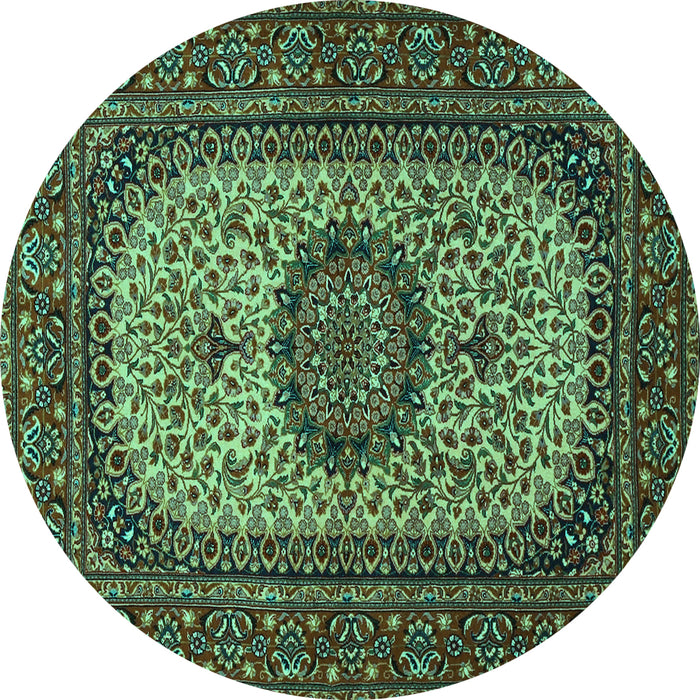 Round Machine Washable Medallion Turquoise Traditional Area Rugs, wshtr1707turq