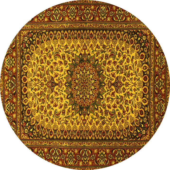 Round Machine Washable Medallion Yellow Traditional Rug, wshtr1707yw