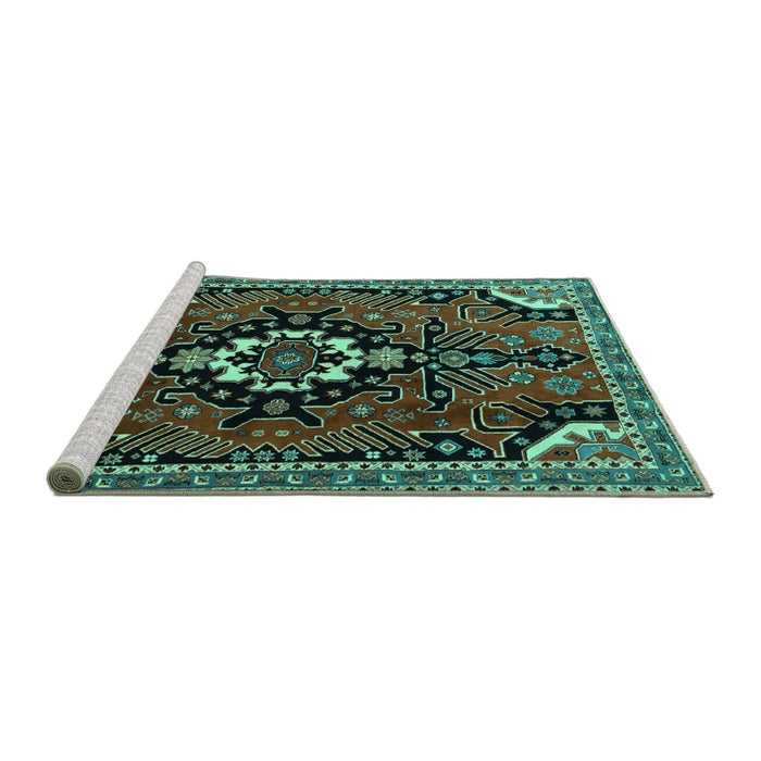 Sideview of Machine Washable Persian Turquoise Traditional Area Rugs, wshtr1709turq