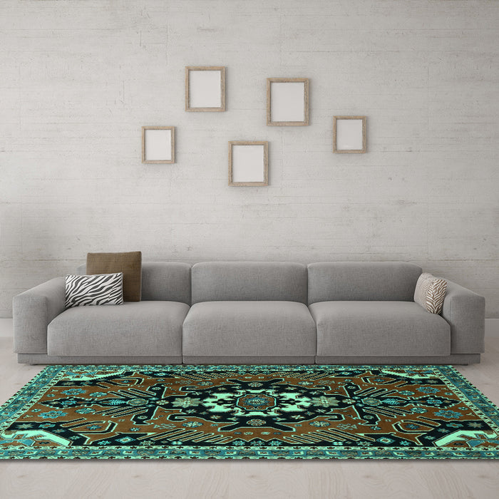 Machine Washable Persian Turquoise Traditional Area Rugs in a Living Room,, wshtr1709turq