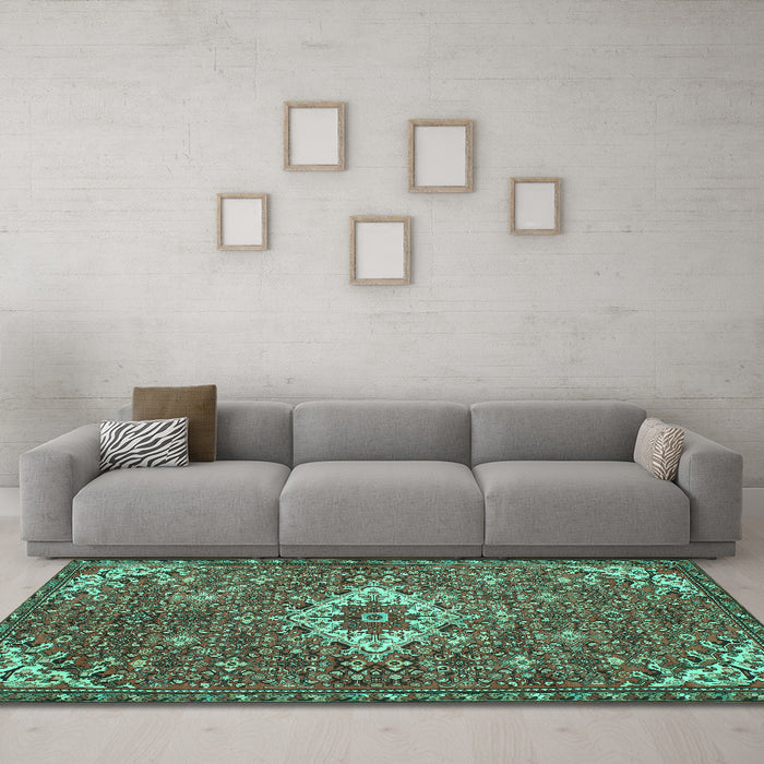 Machine Washable Persian Turquoise Traditional Area Rugs in a Living Room,, wshtr170turq