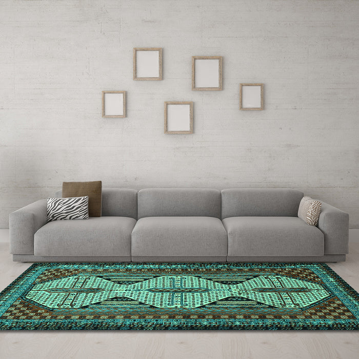 Machine Washable Persian Turquoise Traditional Area Rugs in a Living Room,, wshtr1710turq
