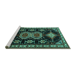 Sideview of Machine Washable Persian Turquoise Traditional Area Rugs, wshtr1711turq