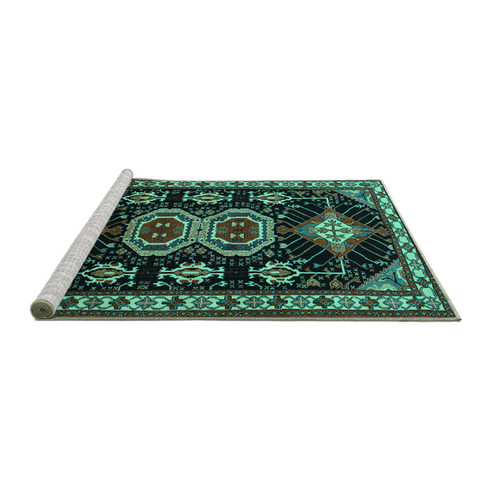 Sideview of Machine Washable Persian Turquoise Traditional Area Rugs, wshtr1711turq
