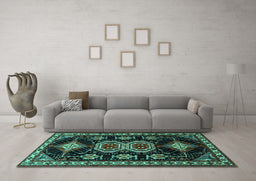 Machine Washable Persian Turquoise Traditional Area Rugs in a Living Room,, wshtr1711turq