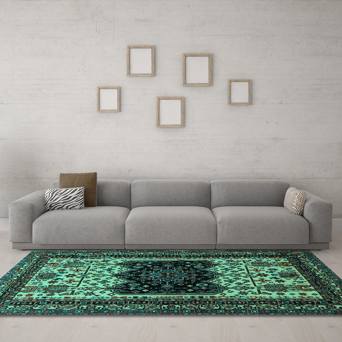 Machine Washable Persian Turquoise Traditional Area Rugs in a Living Room,, wshtr1712turq