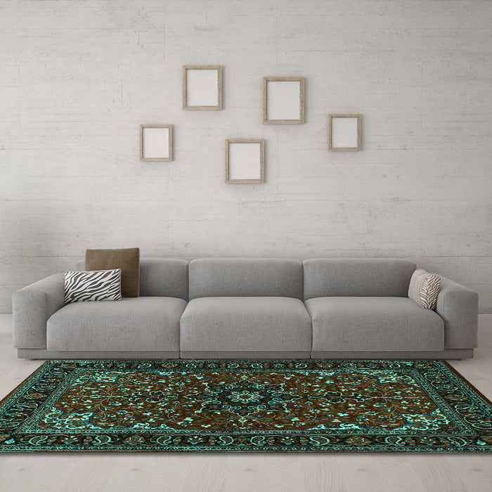 Machine Washable Persian Turquoise Traditional Area Rugs in a Living Room,, wshtr1713turq