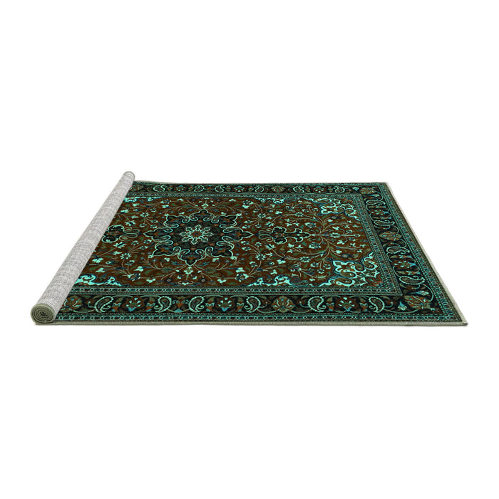 Sideview of Machine Washable Persian Turquoise Traditional Area Rugs, wshtr1713turq