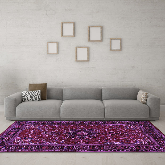 Machine Washable Persian Purple Traditional Area Rugs in a Living Room, wshtr1713pur