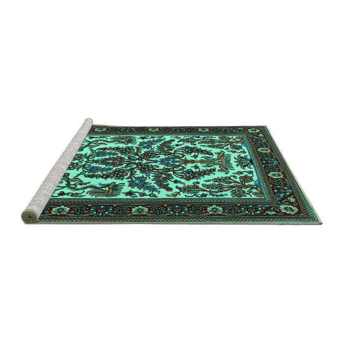Sideview of Machine Washable Persian Turquoise Traditional Area Rugs, wshtr1714turq