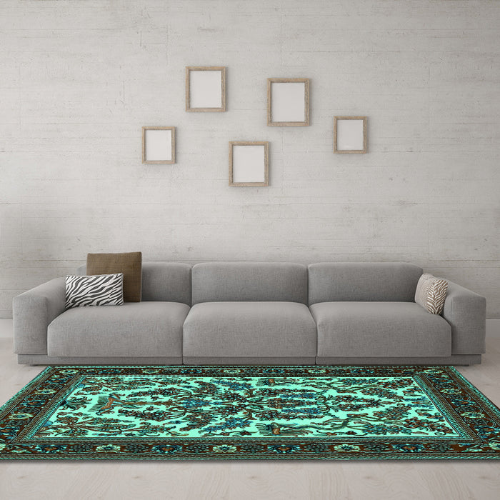 Machine Washable Persian Turquoise Traditional Area Rugs in a Living Room,, wshtr1714turq