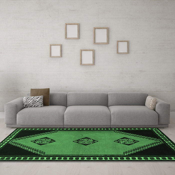 Machine Washable Southwestern Emerald Green Country Area Rugs in a Living Room,, wshtr1715emgrn