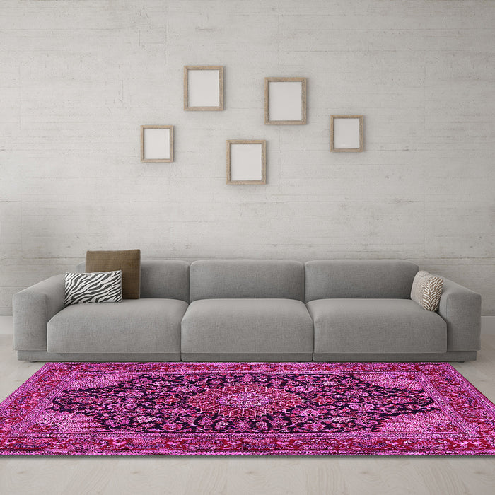 Machine Washable Medallion Pink Traditional Rug in a Living Room, wshtr1716pnk