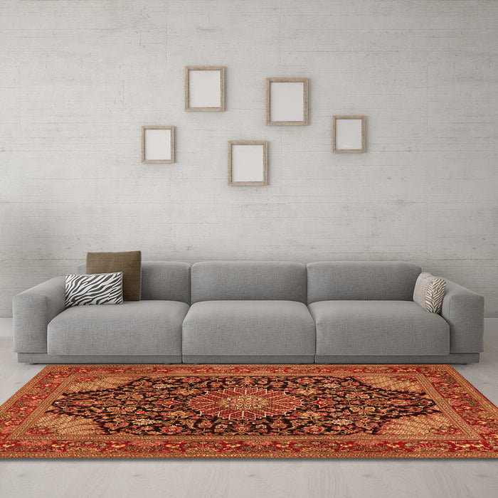 Machine Washable Medallion Orange Traditional Area Rugs in a Living Room, wshtr1716org