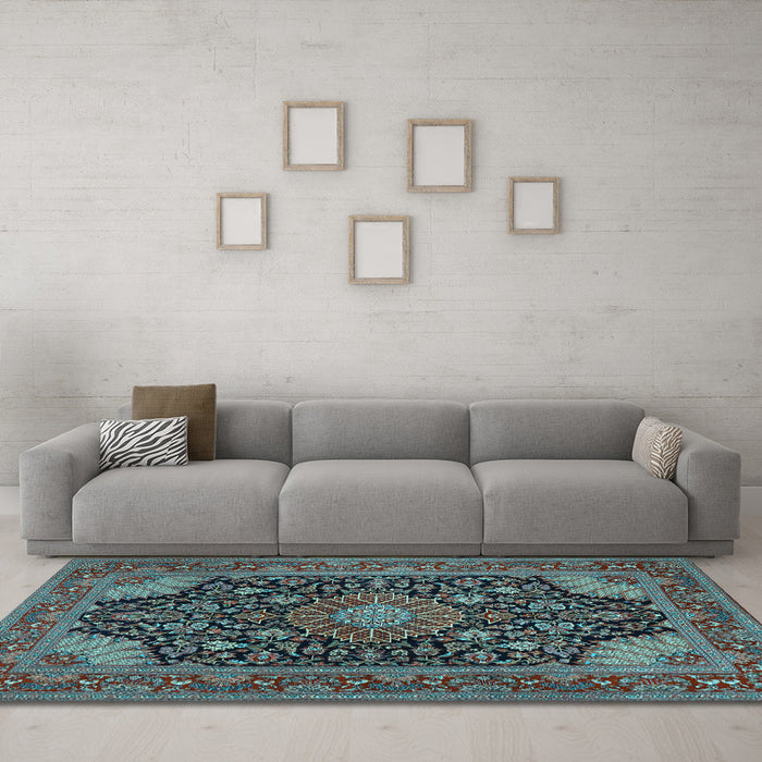 Machine Washable Medallion Light Blue Traditional Rug in a Living Room, wshtr1716lblu