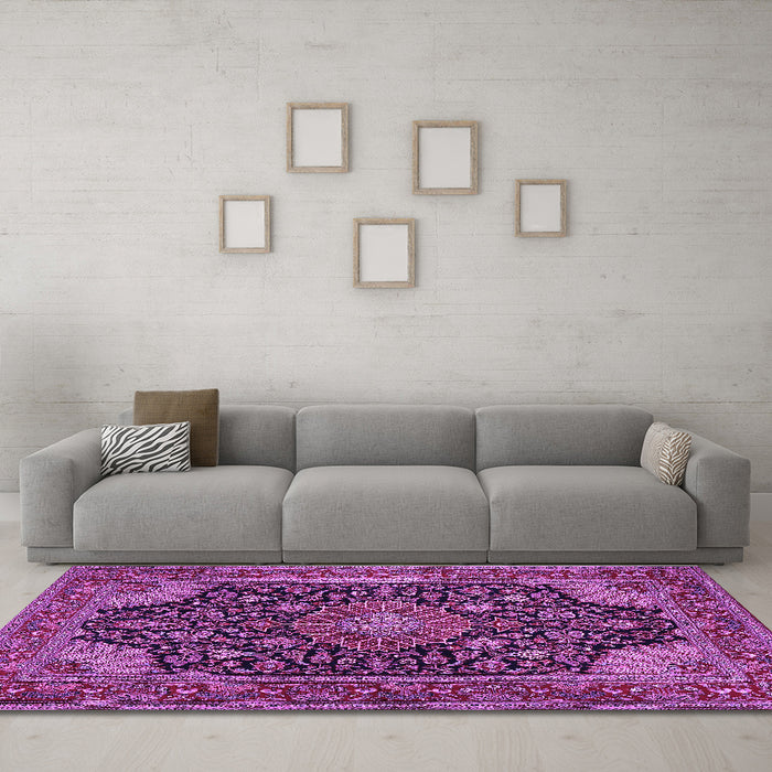 Machine Washable Medallion Purple Traditional Area Rugs in a Living Room, wshtr1716pur