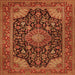 Round Machine Washable Medallion Orange Traditional Area Rugs, wshtr1716org