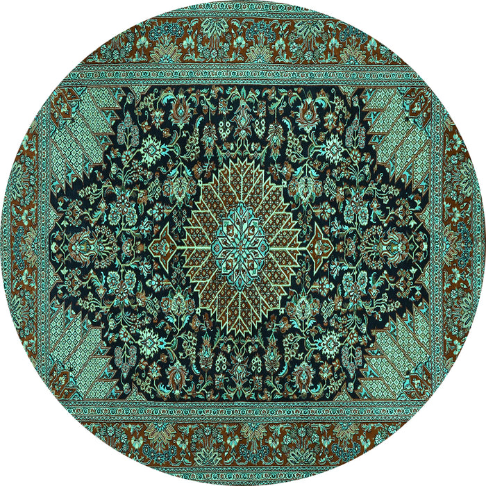 Round Machine Washable Medallion Turquoise Traditional Area Rugs, wshtr1716turq