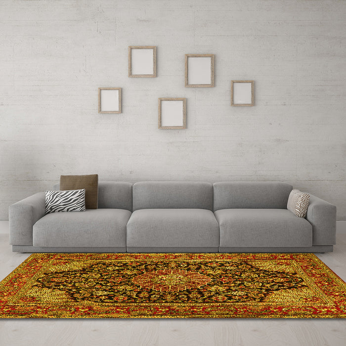 Machine Washable Medallion Yellow Traditional Rug in a Living Room, wshtr1716yw
