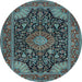 Round Machine Washable Medallion Light Blue Traditional Rug, wshtr1716lblu