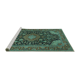 Sideview of Machine Washable Medallion Turquoise Traditional Area Rugs, wshtr1716turq