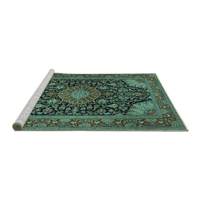 Sideview of Machine Washable Medallion Turquoise Traditional Area Rugs, wshtr1716turq