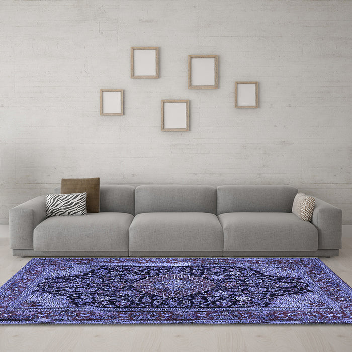 Machine Washable Medallion Blue Traditional Rug in a Living Room, wshtr1716blu