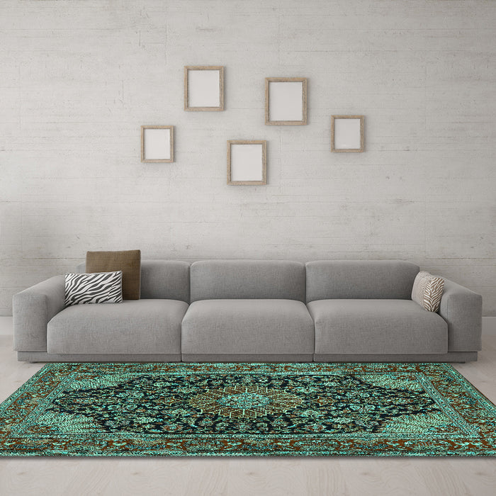Machine Washable Medallion Turquoise Traditional Area Rugs in a Living Room,, wshtr1716turq