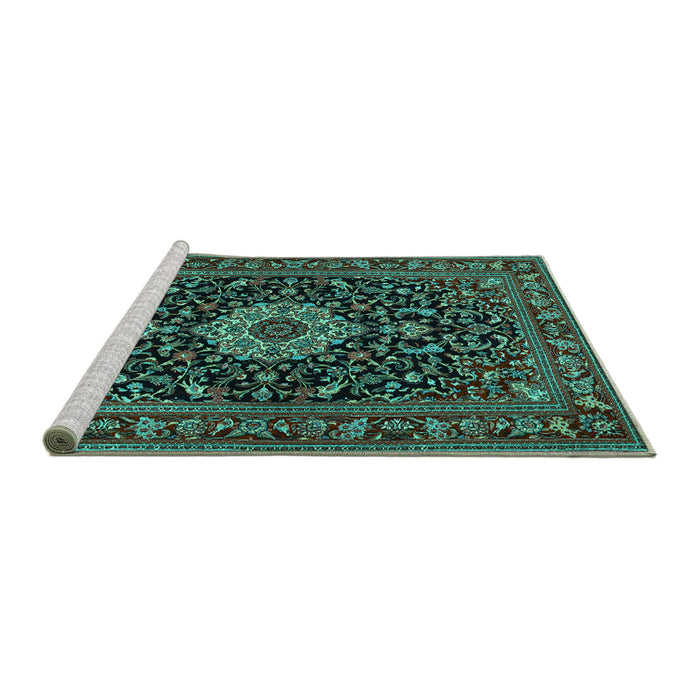 Sideview of Machine Washable Medallion Turquoise Traditional Area Rugs, wshtr1717turq
