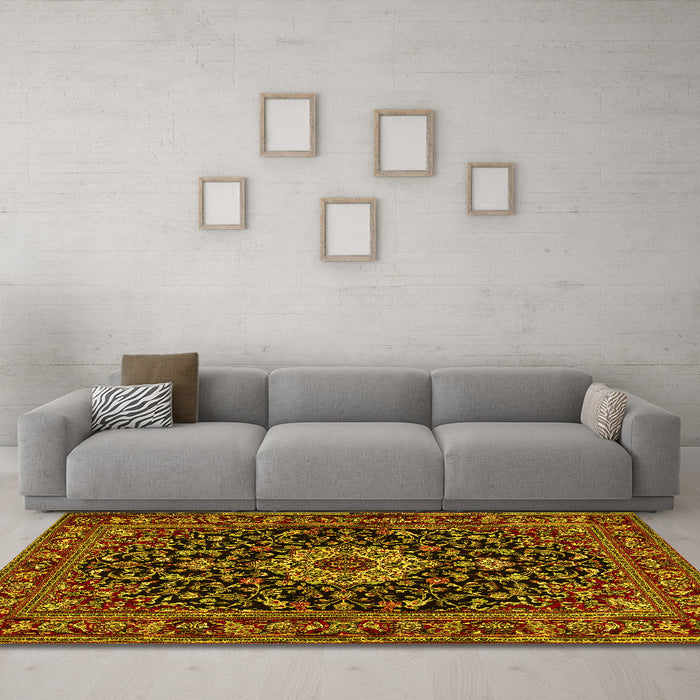 Machine Washable Medallion Yellow Traditional Rug in a Living Room, wshtr1717yw
