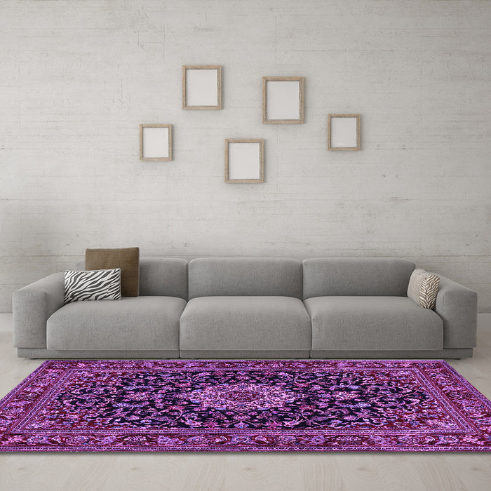 Machine Washable Medallion Purple Traditional Area Rugs in a Living Room, wshtr1717pur