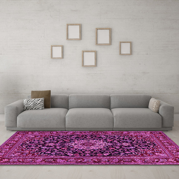 Machine Washable Medallion Pink Traditional Rug in a Living Room, wshtr1717pnk
