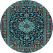 Round Machine Washable Medallion Light Blue Traditional Rug, wshtr1717lblu