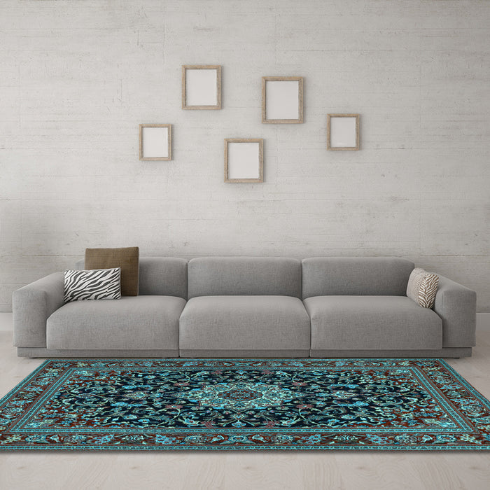Machine Washable Medallion Light Blue Traditional Rug in a Living Room, wshtr1717lblu