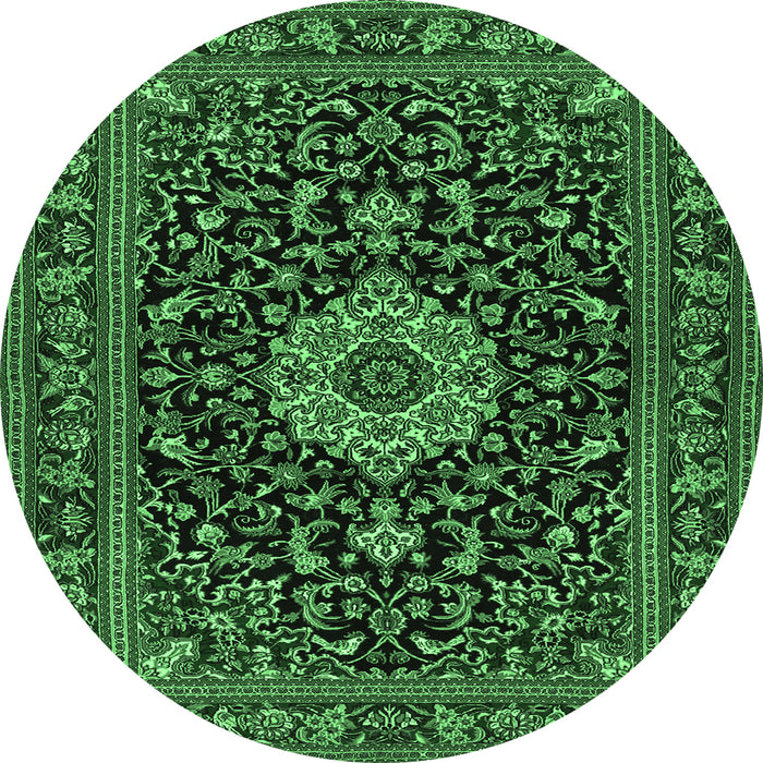 Round Machine Washable Medallion Emerald Green Traditional Area Rugs, wshtr1717emgrn