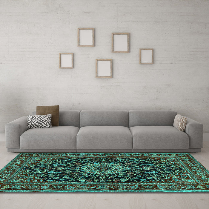 Machine Washable Medallion Turquoise Traditional Area Rugs in a Living Room,, wshtr1717turq
