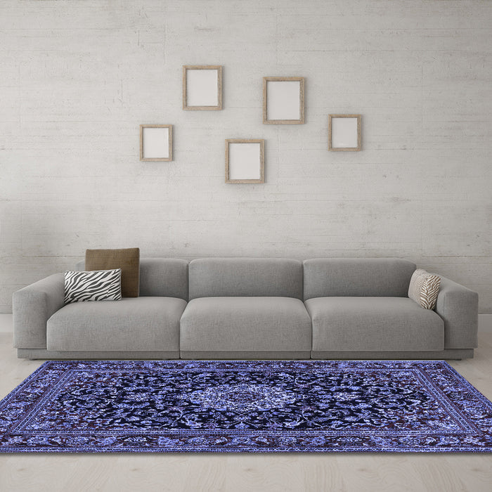 Machine Washable Medallion Blue Traditional Rug in a Living Room, wshtr1717blu
