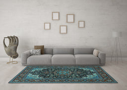 Machine Washable Medallion Light Blue Traditional Rug in a Living Room, wshtr1718lblu
